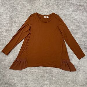 LOGO Lori Goldstein Top Womens L Brown Ruffle Accent Flowy Basic Everyday Casual